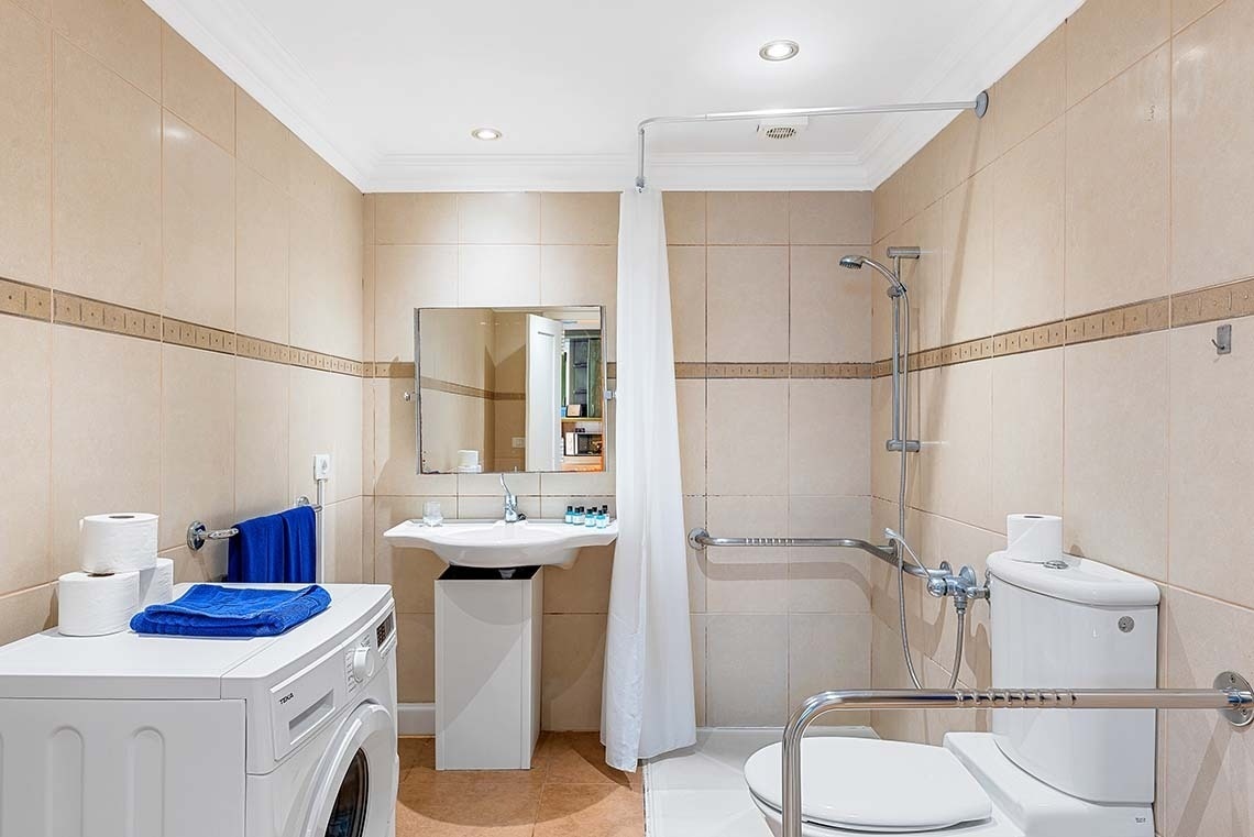 une salle de bain avec une machine à laver et une toilette