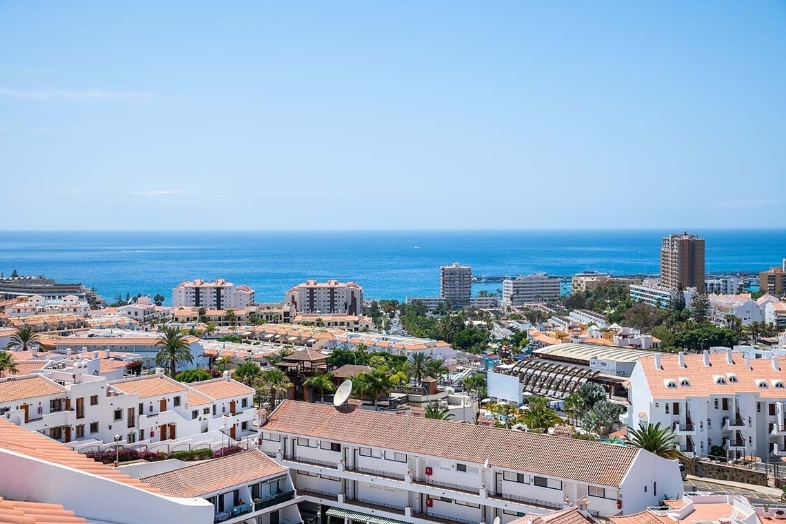 an aerial view of a city with the ocean in the background