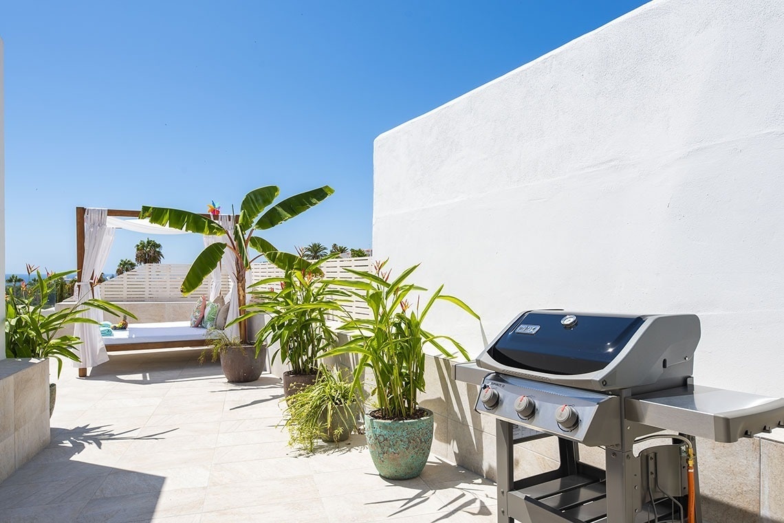 a weber grill sits on a patio next to potted plants