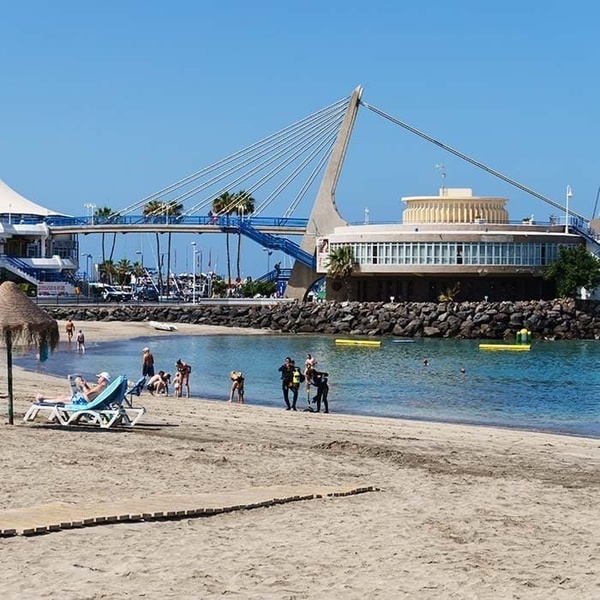 una spiaggia con un ponte sullo sfondo