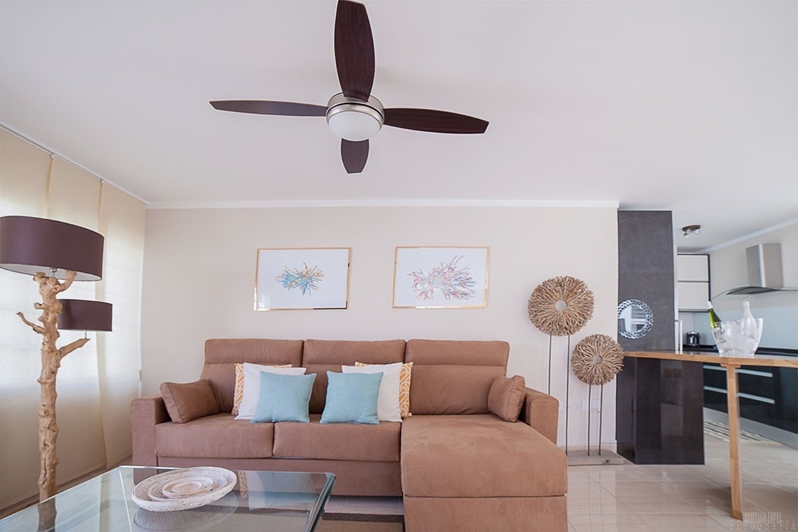 a living room with a couch and a ceiling fan