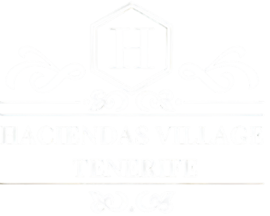 the hacienda village logo is white on a black background .