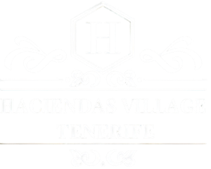 the hacienda village logo is white on a black background .