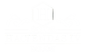 a white logo for hacienda iv on a black background