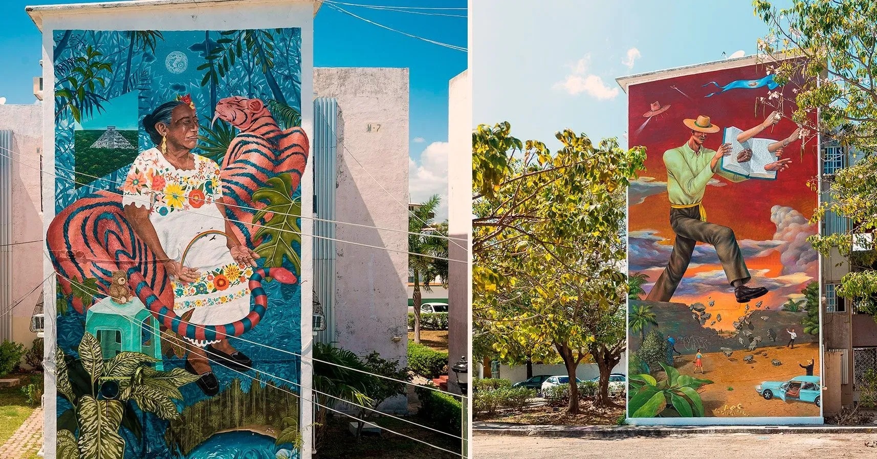 un mural de una mujer con un tigre y un mural de un hombre con una guitarra