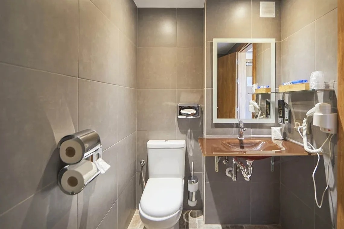 un baño con inodoro , lavabo y espejo