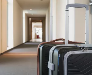 dos maletas están en un pasillo de un hotel .