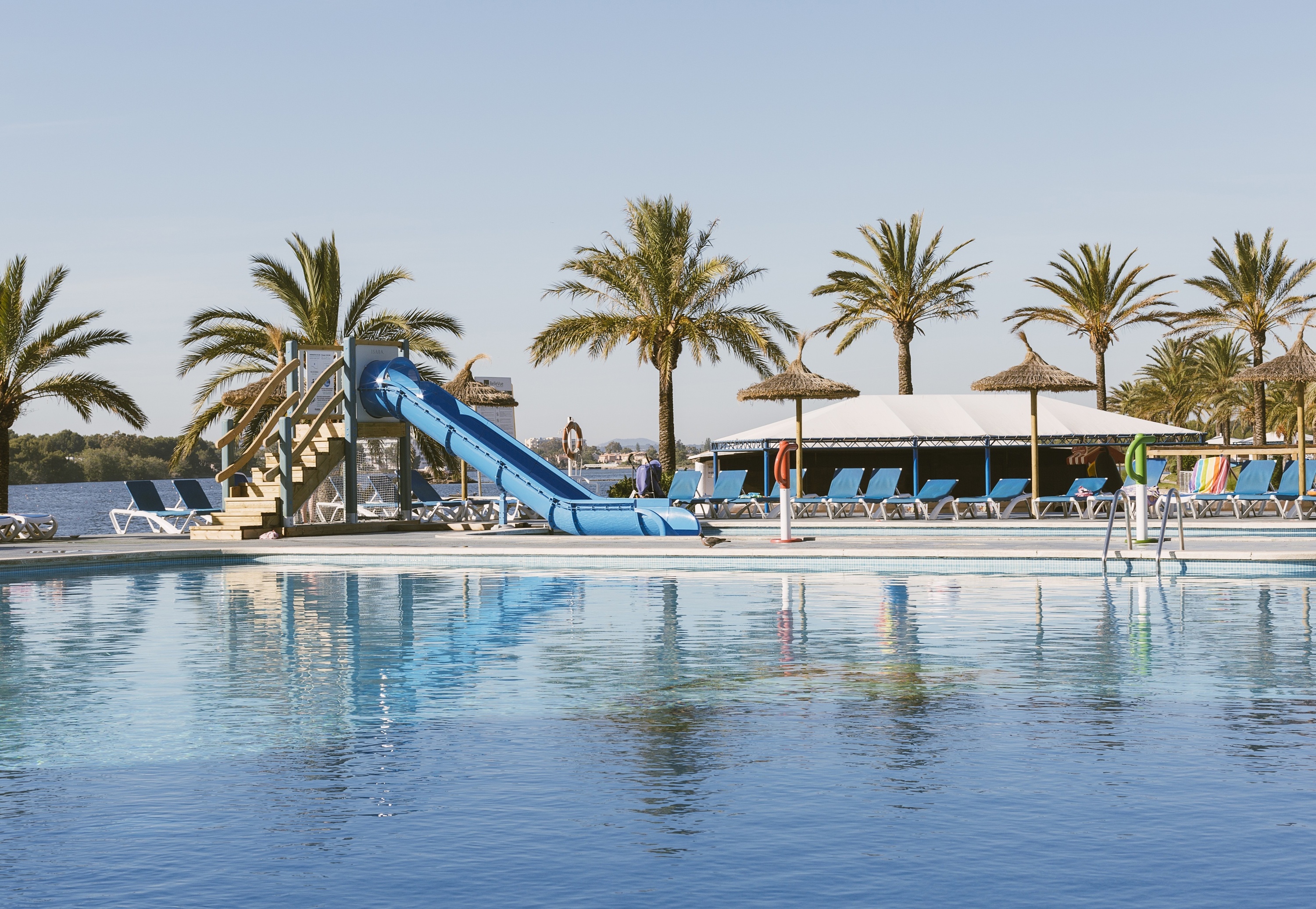 O7 Hotels Mallorca: Poolside water slide, lounge chairs, and palm trees. Book your stay on the official website!