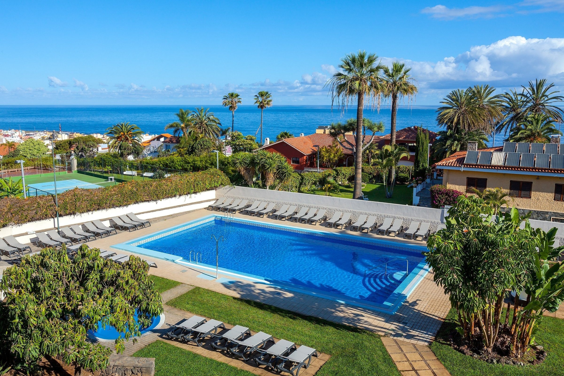 O7 HOTELS: Corporativa - Piscina azul rodeada de hamacas y palmeras.