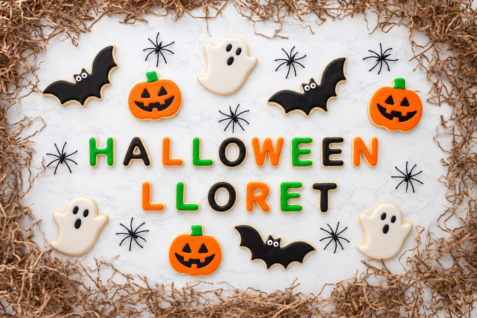 Decoración de Halloween con galletas temáticas: fantasmas, murciélagos, calabazas y la frase 