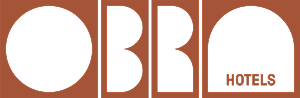 Obra Hotels Medellin logo: black circle, B, R, and arch shape on brown background.
