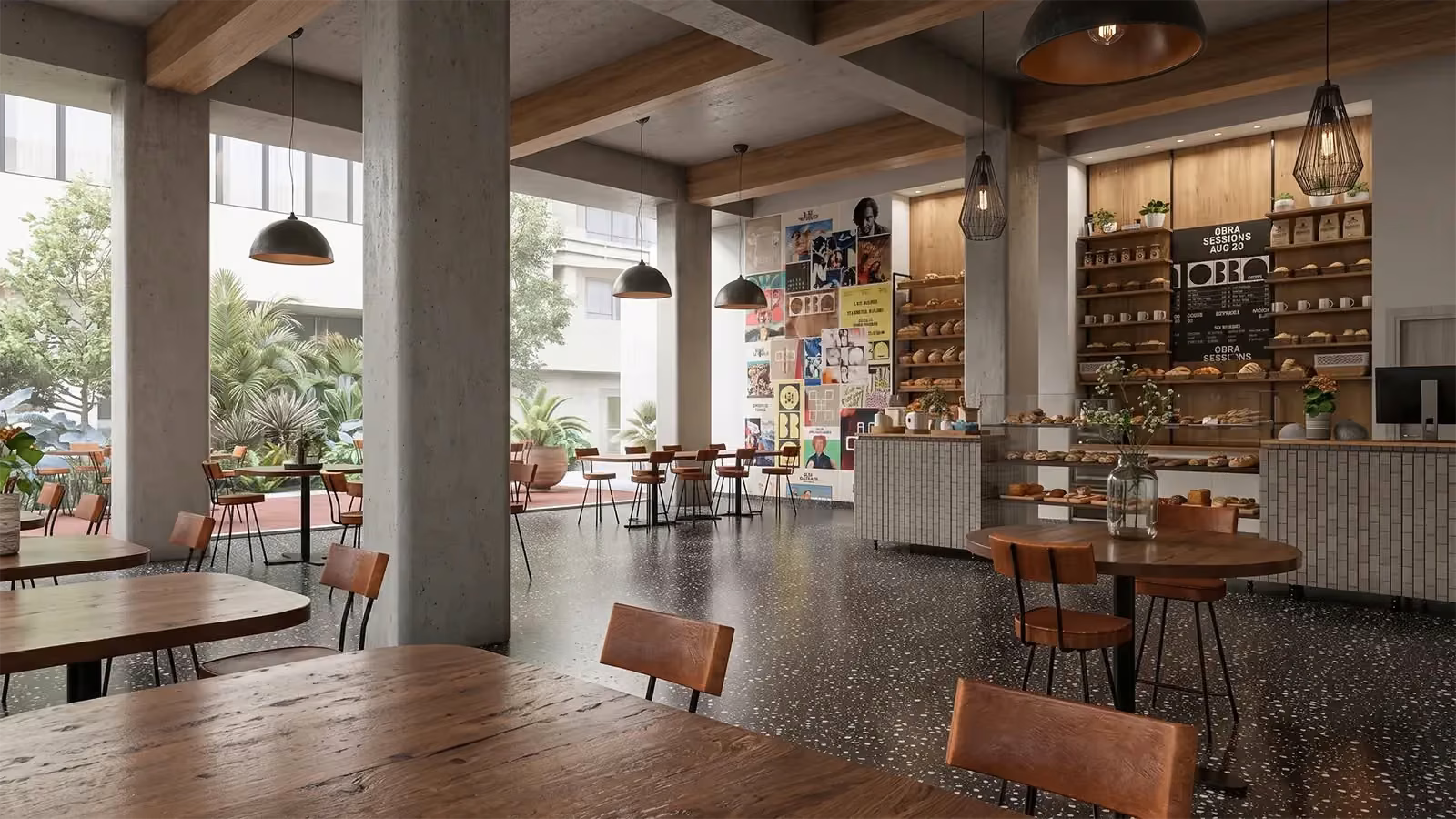 Cafetería de hotel con mesas y sillas de madera, arte en pared y Obra Hotels Medellin.