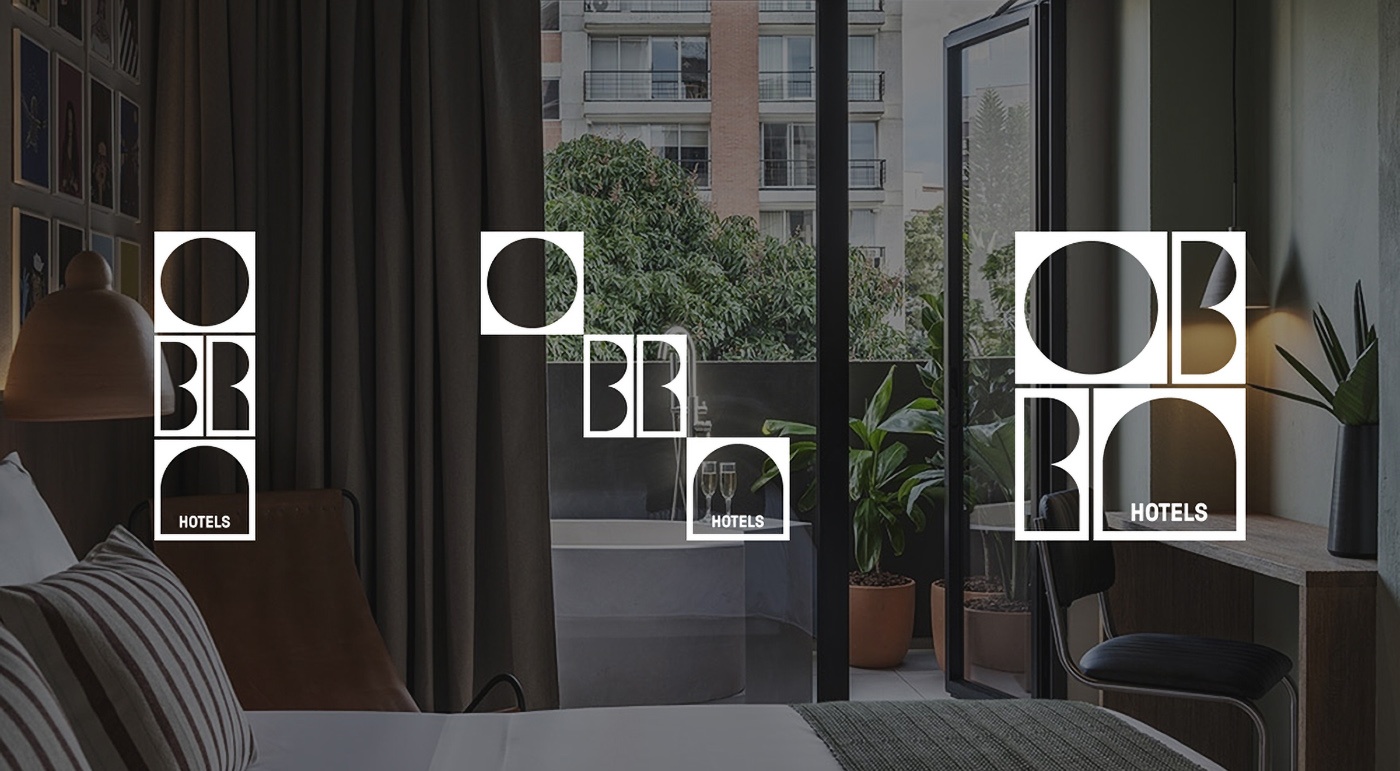 Obra Hotels Medellin logo and modern room interior.
