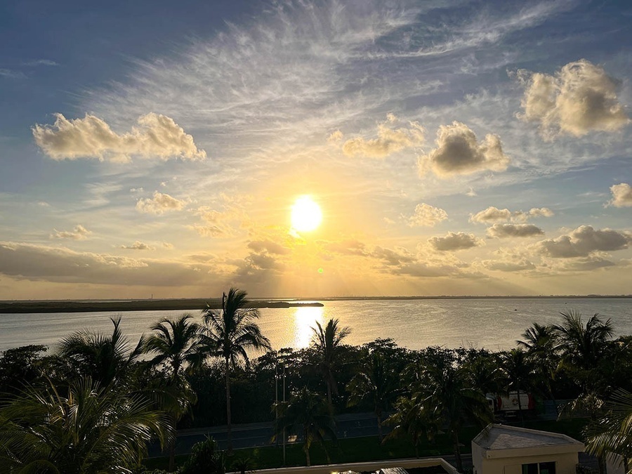 the sun is setting over a body of water with palm trees in the foreground