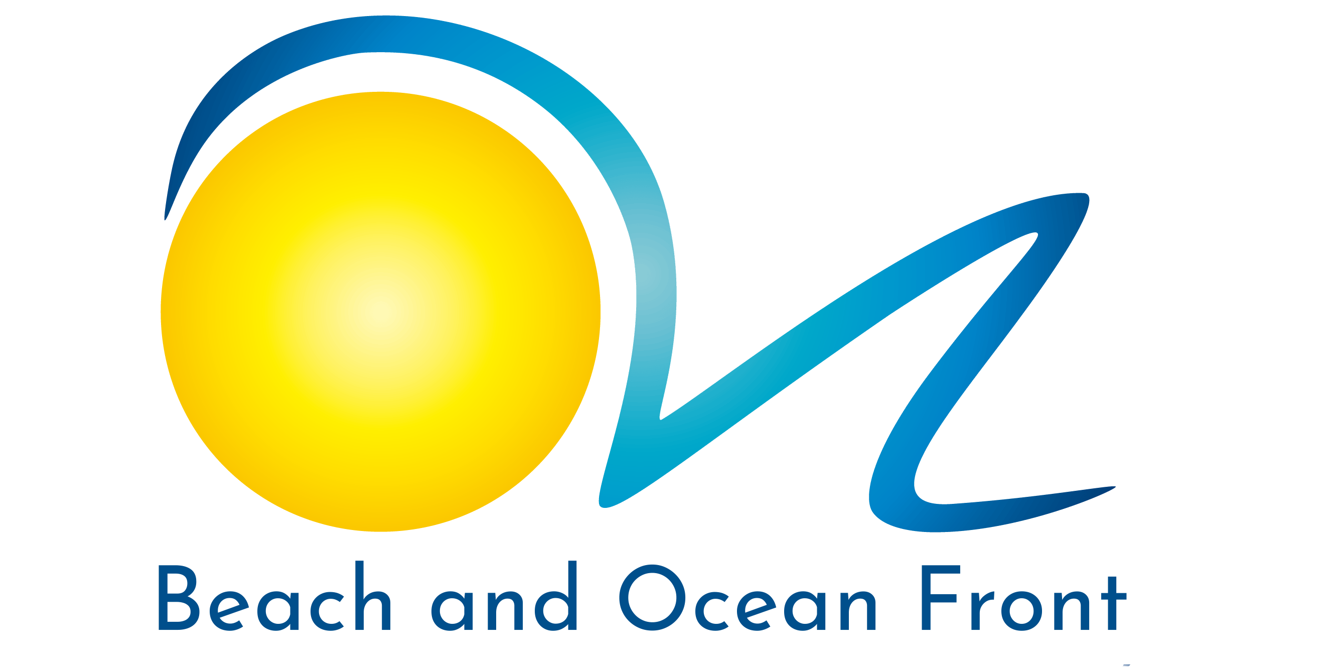 a logo for beach and ocean front with a yellow sun and blue wave
