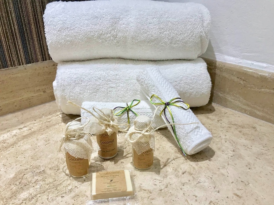a bottle of coconut lotion sits next to a bar of soap