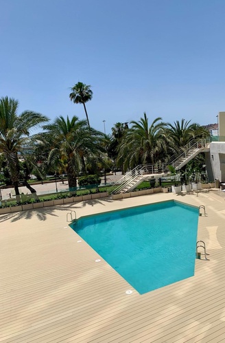una gran piscina rodeada de palmeras en un día soleado
