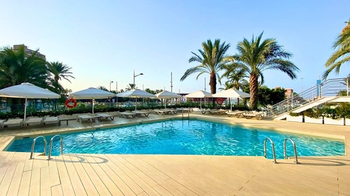 Piscina exterior con tumbonas y palmeras. Hotel en el centro de Almería.