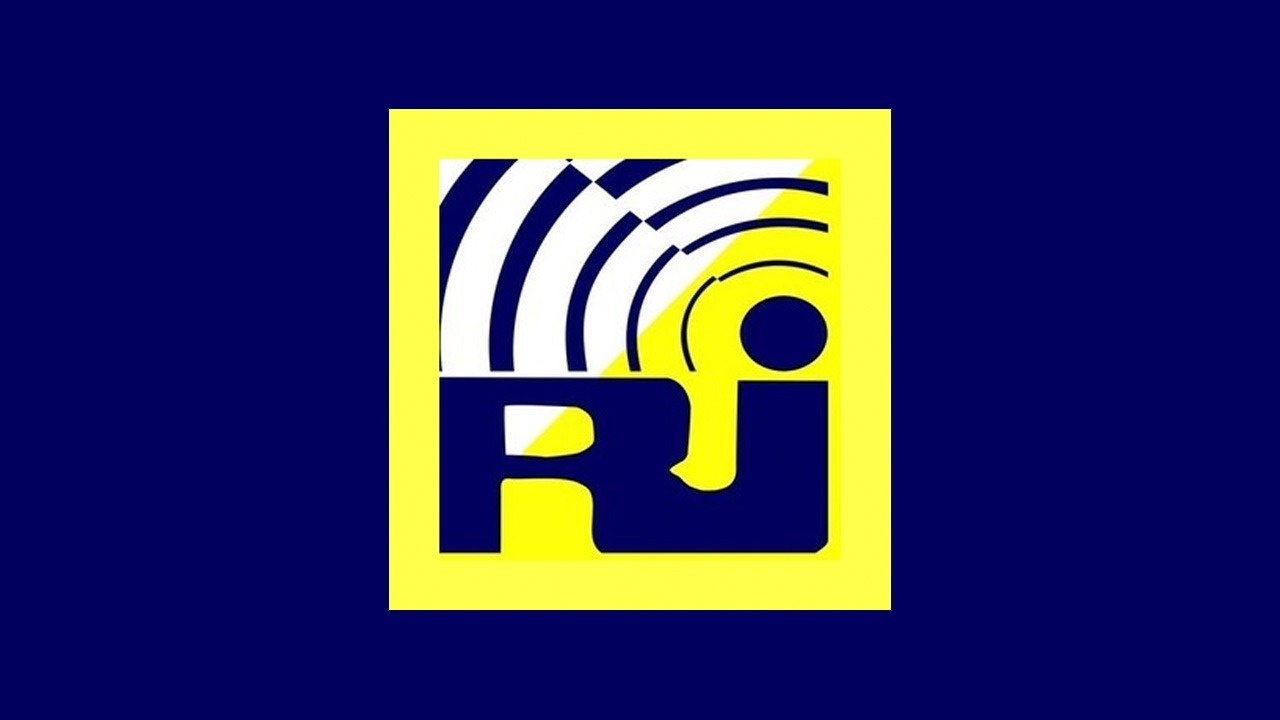 un logotipo amarillo y azul con la letra rj