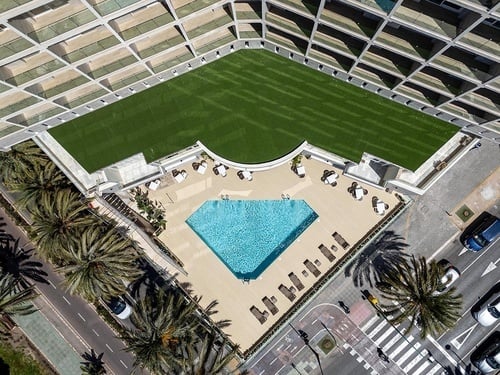 una vista aérea de una piscina rodeada de palmeras