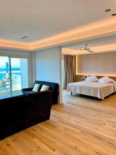 una habitación con una cama y un sofá junto a una ventana