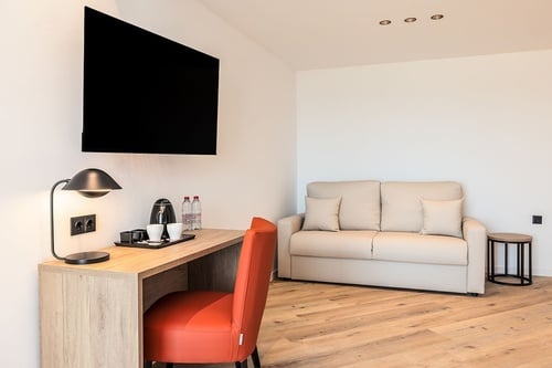 una habitación con un escritorio y un sofá y una televisión