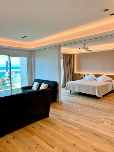 una habitación con una cama y un sofá junto a una ventana