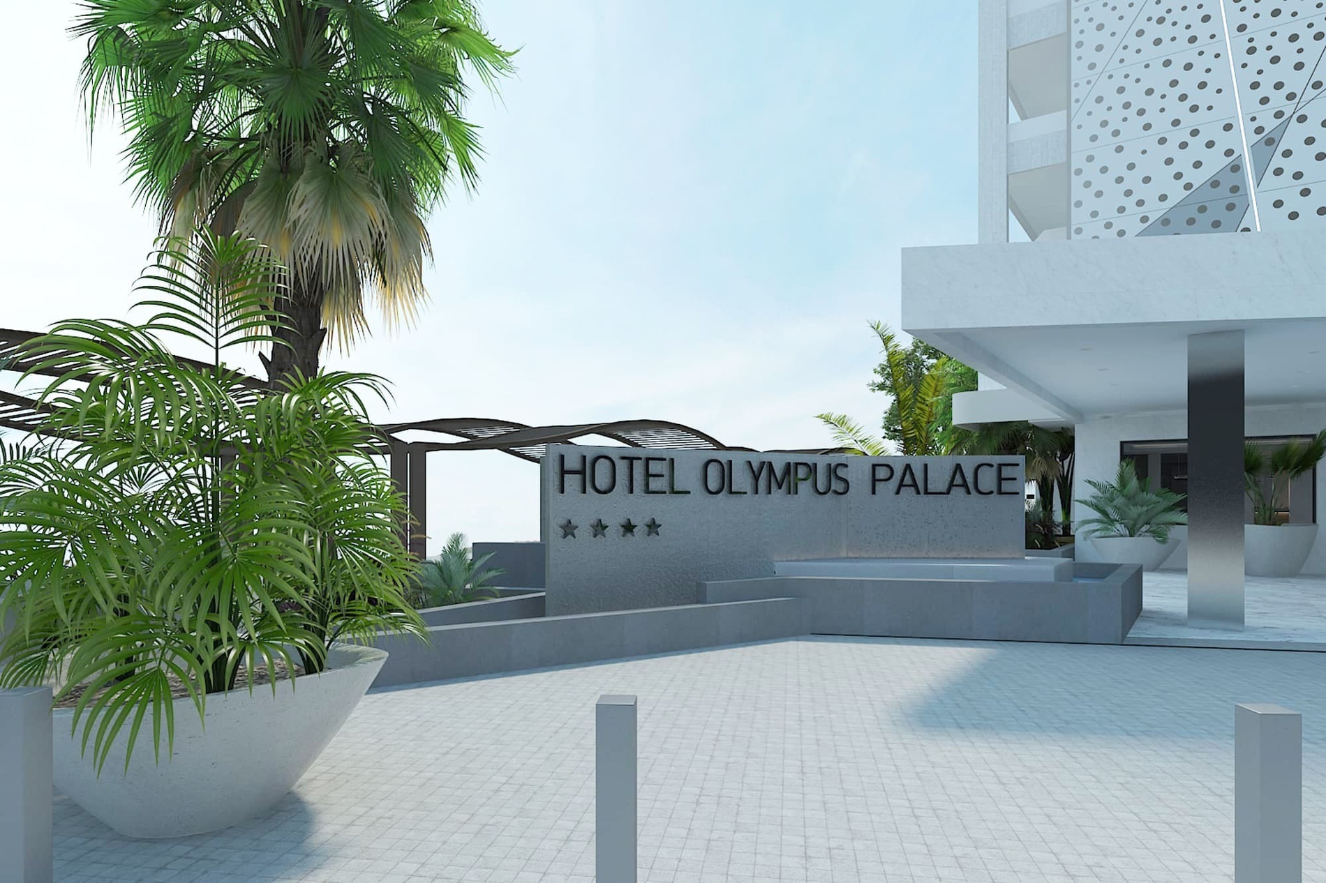 la entrada al hotel olympus palacio está rodeada de palmeras