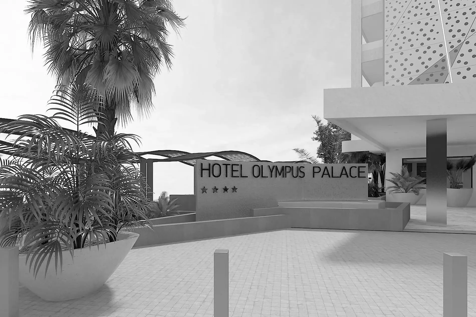 Entrada al Hotel Olympus Palace con palmeras y arquitectura moderna.=s1900