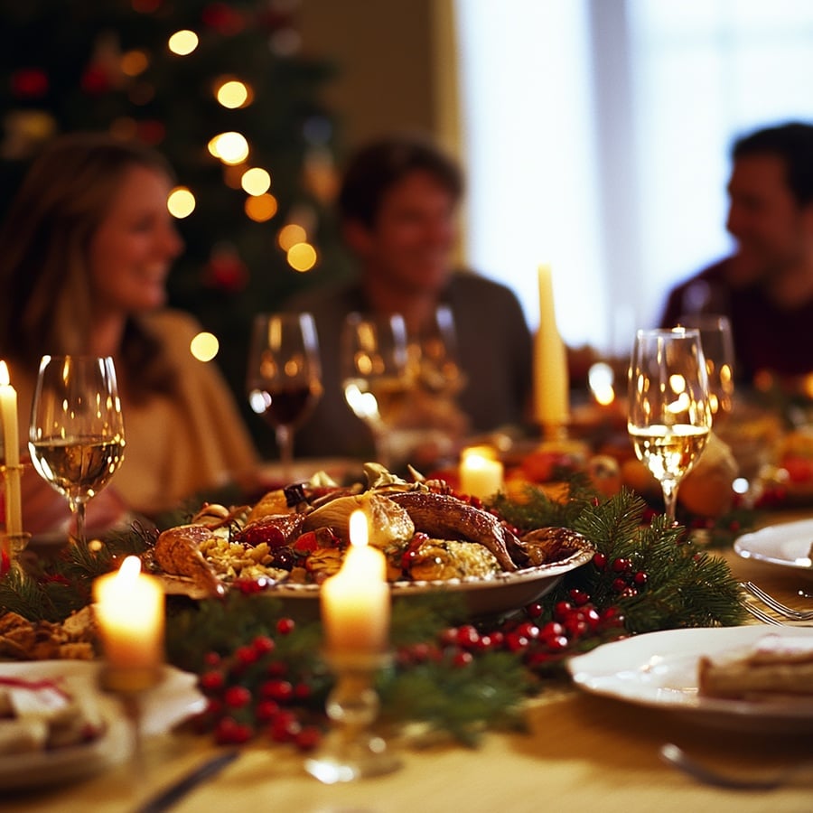 a group of people are sitting at a table with plates of food and candles