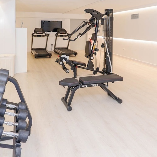 un gimnasio con pesas y cintas de correr