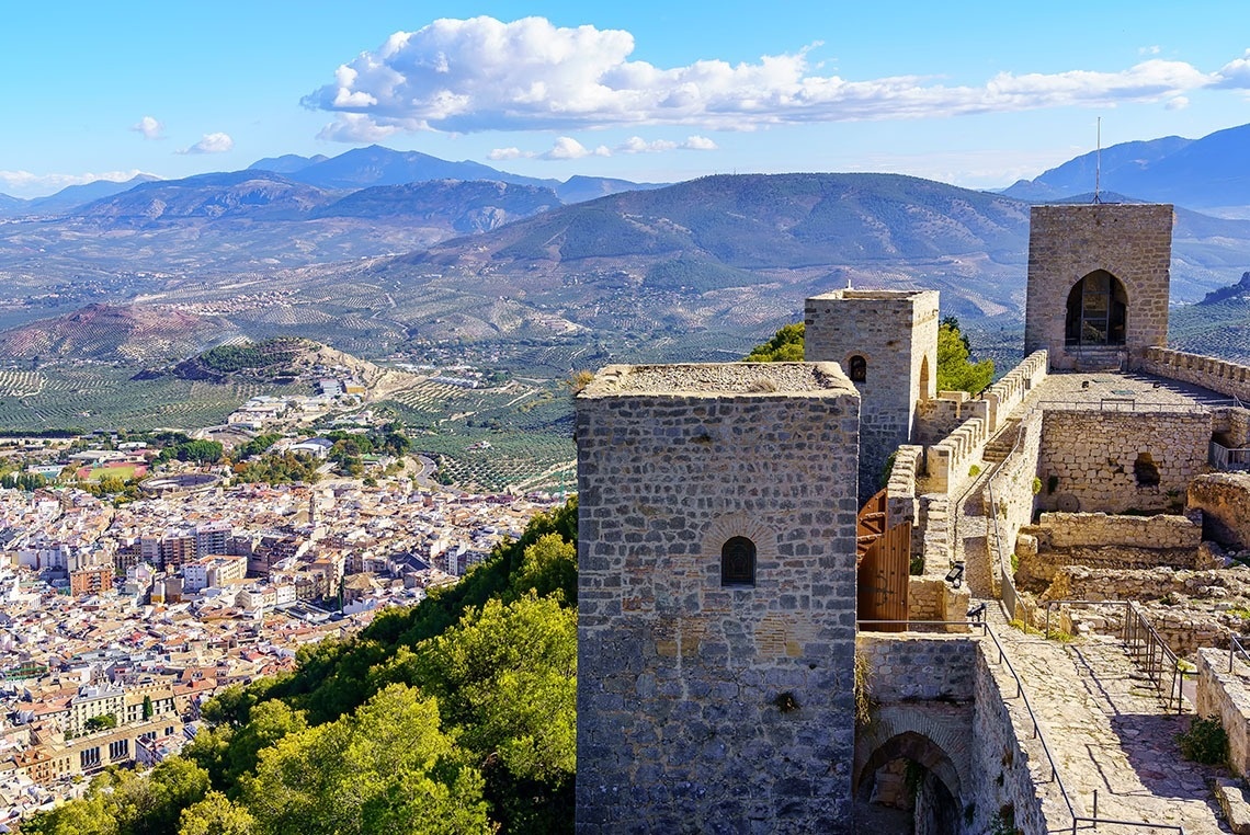 una vista aérea de un castillo y una ciudad con montañas en el fondo