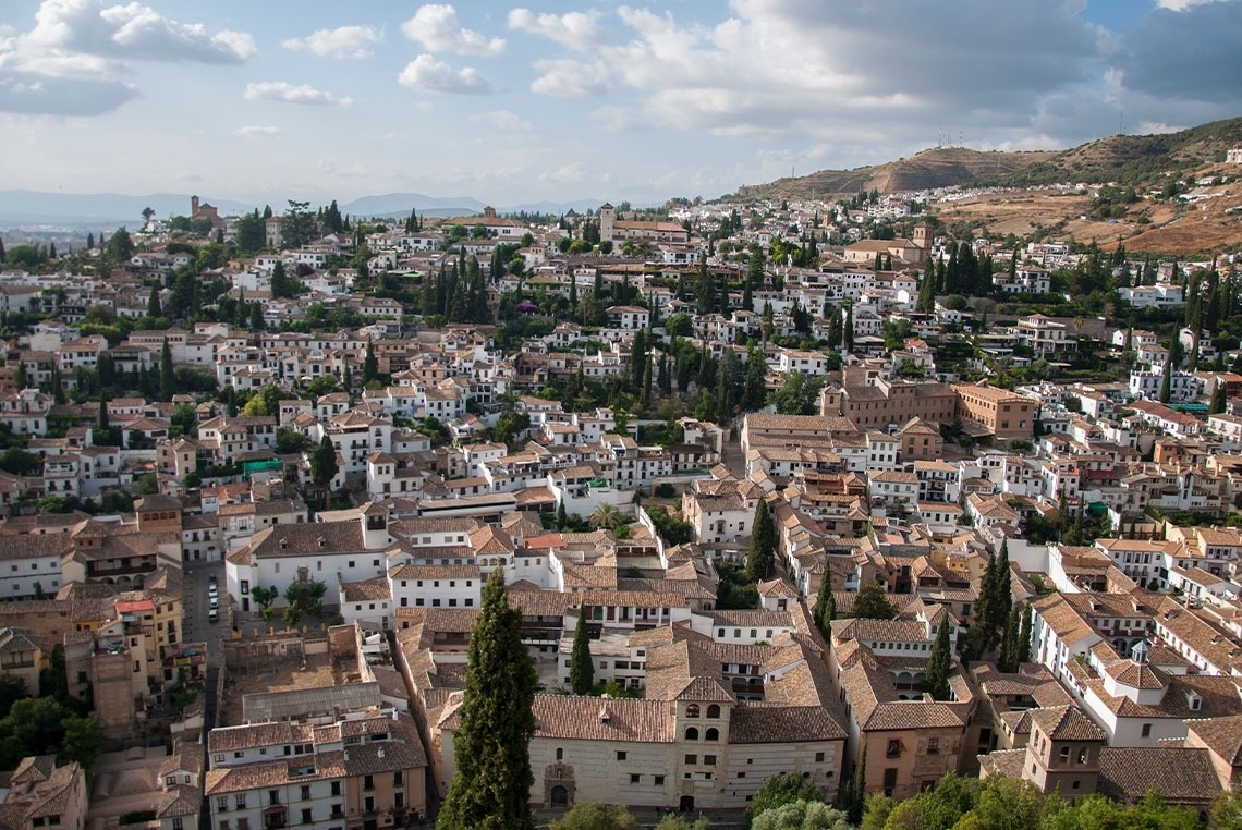 an aerial view of a city with lots of buildings and trees