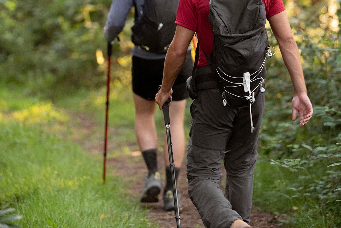 dos personas con mochilas y bastones de trekking caminan por un sendero