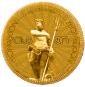 a gold coin with a statue of a man holding a trident on it .