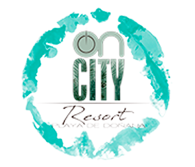 a logo for on city resort in a circle