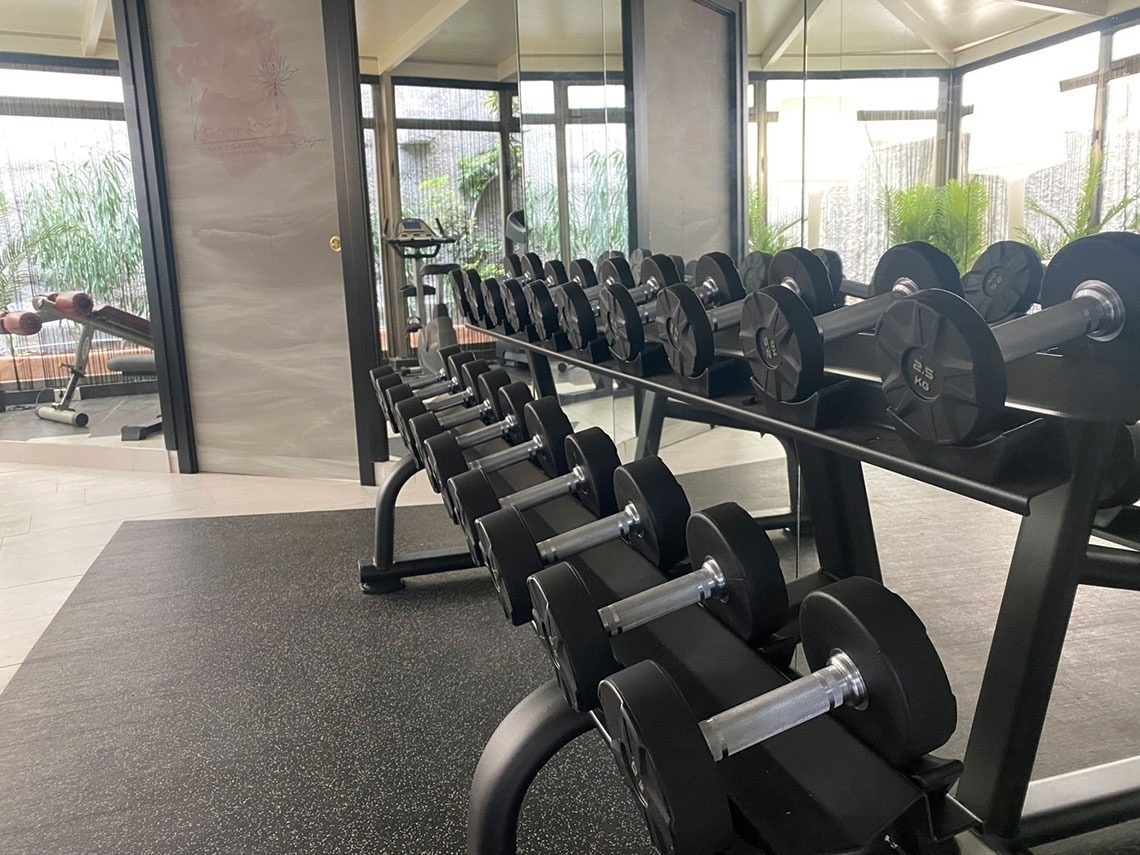 a row of dumbbells are lined up in a gym