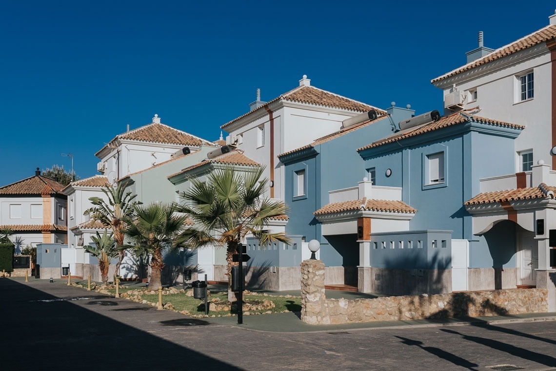 a row of blue and white houses with a palm tree in front of them