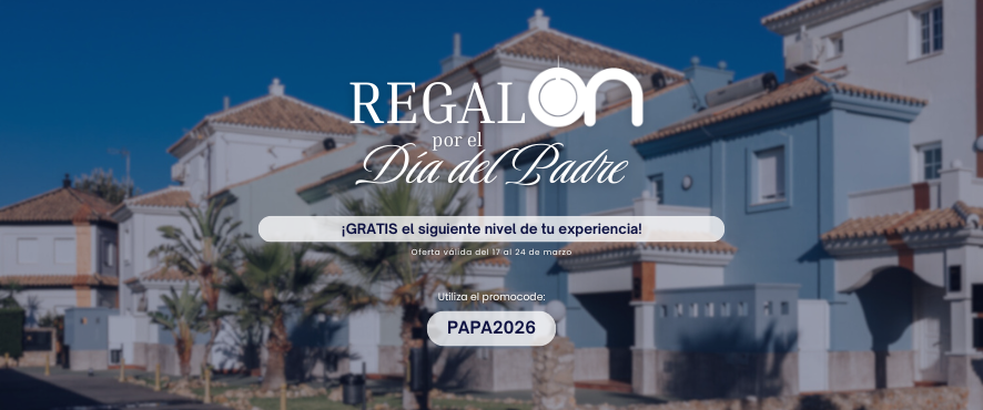 Un anuncio promocional para el Día del Padre de "REGALON" ofrece un nivel de experiencia gratuito utilizando el código "PAPA2026", sobre un fondo de edificios residenciales.