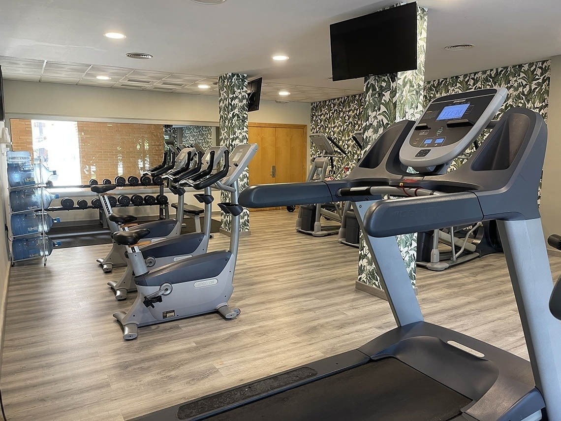 a gym with treadmills and exercise bikes