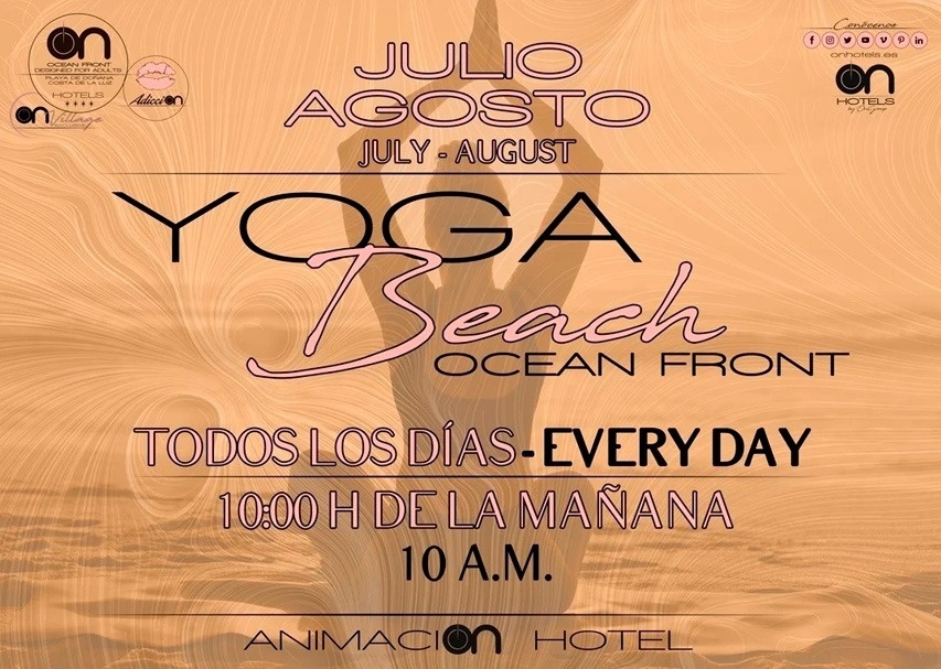 a poster for julio agosto yoga beach ocean front