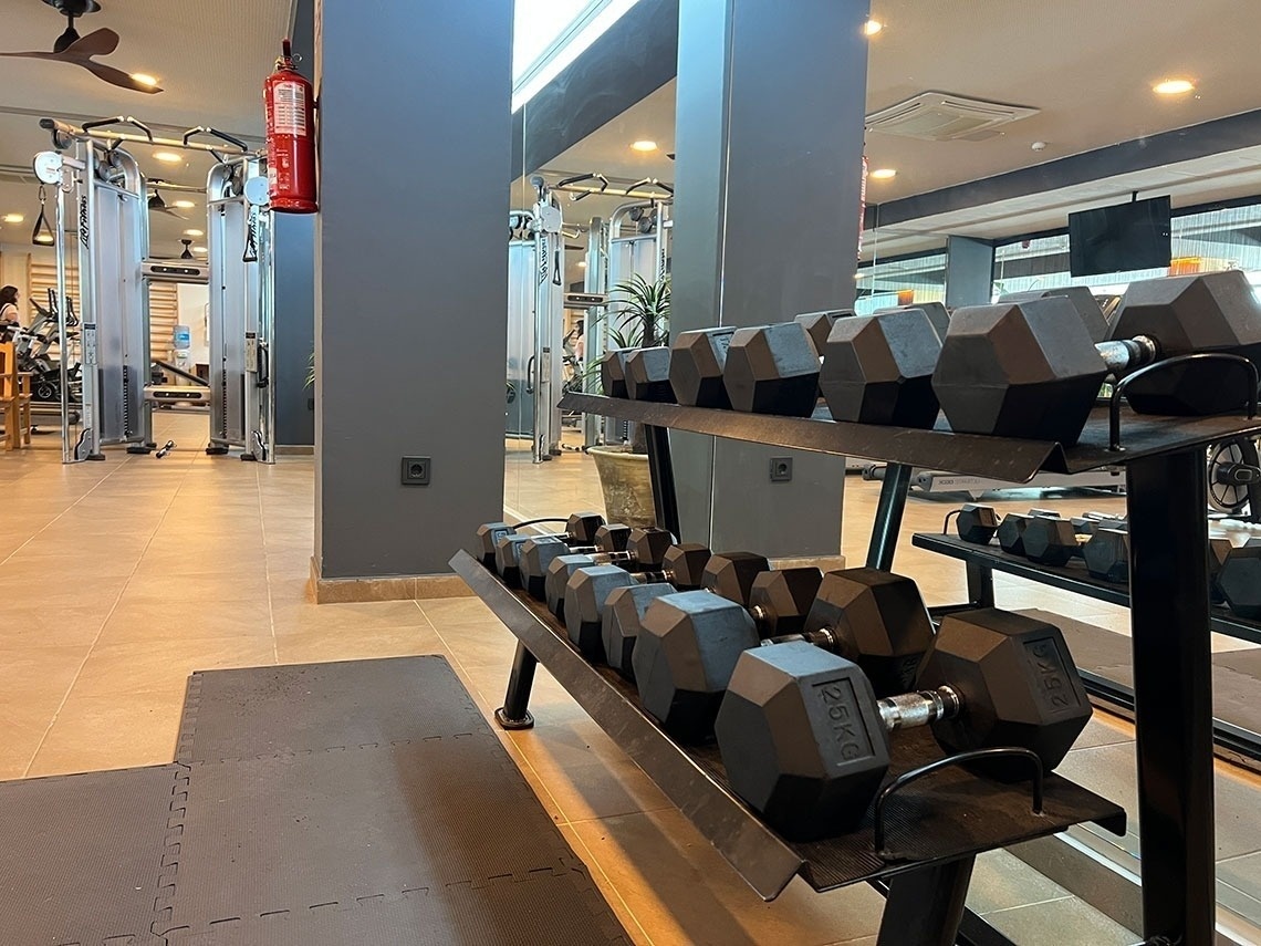 a row of dumbbells in a gym that say 20kg