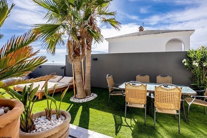 a patio with a table and chairs and a palm tree