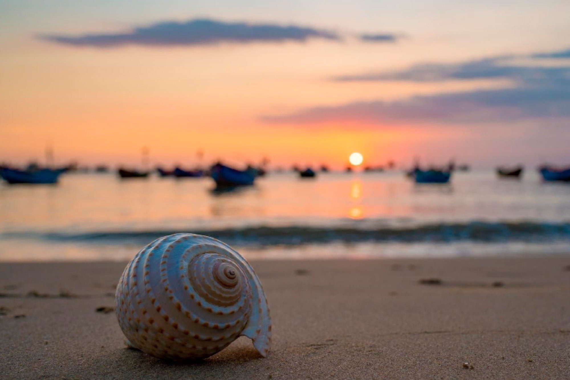 una playa al atardecer con una gran roca en el fondo