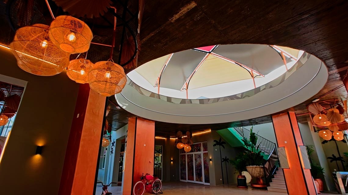 the inside of a building with a circular ceiling