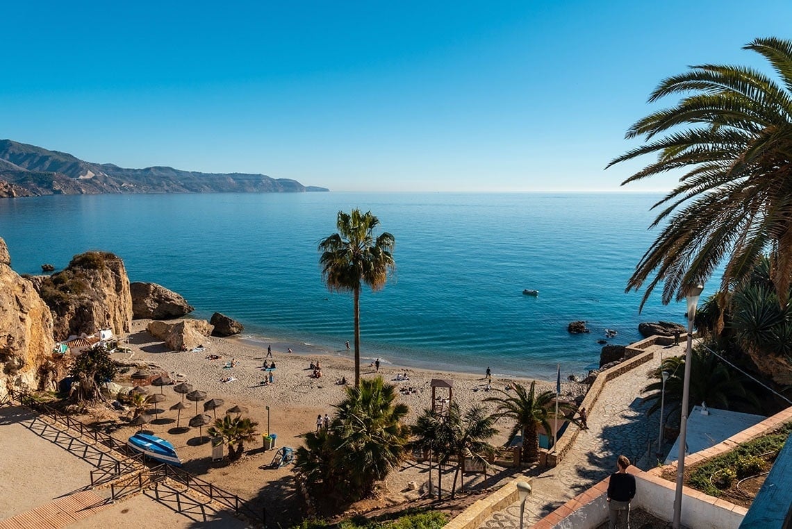 a view of a beach with palm trees and mountains in the background