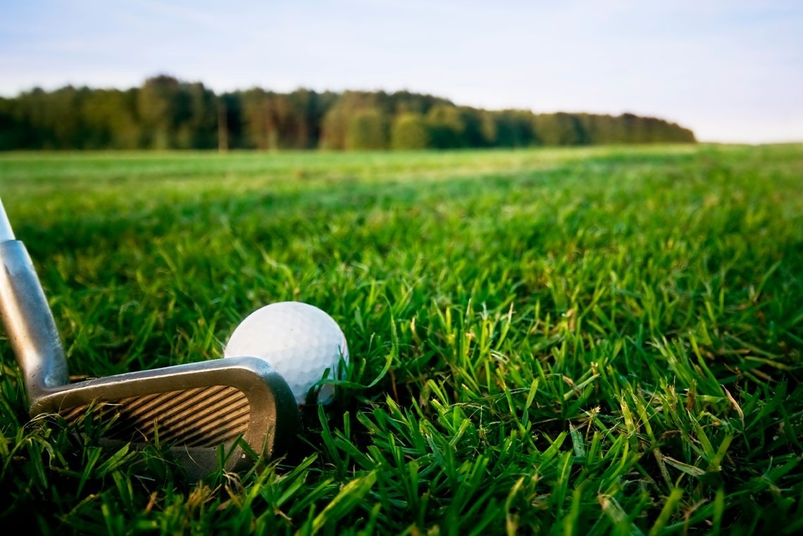 uma bola de golfe e um taco de golfe na grama