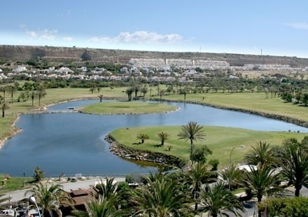 una vista aérea de un campo de golf rodeado de agua y palmeras .
