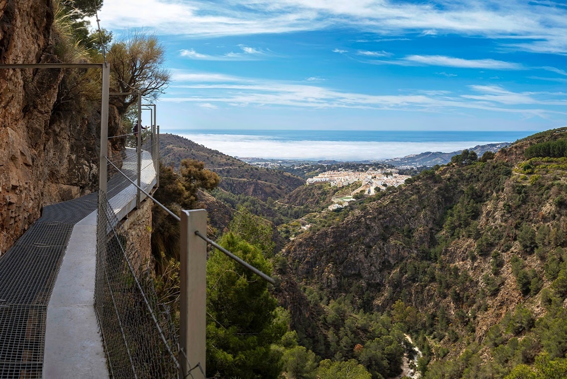 a bridge over a canyon with the ocean in the background
