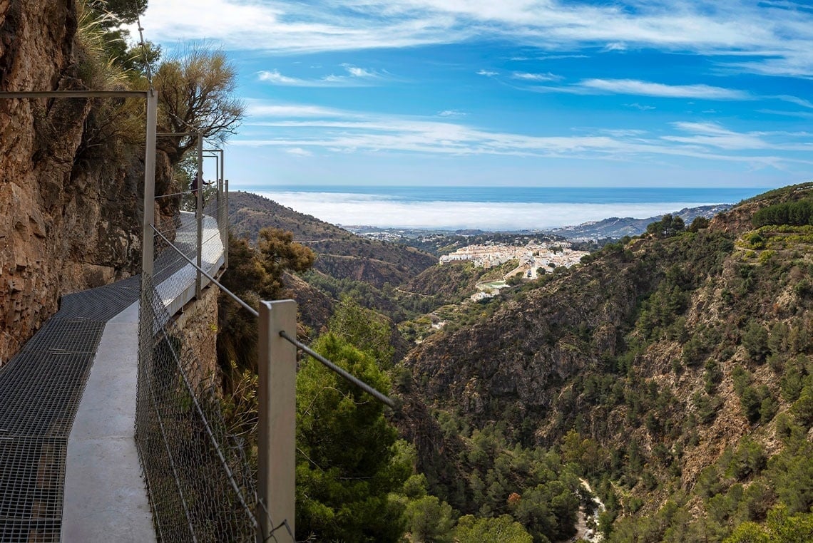 uma ponte suspensa sobre um canyon com vista para o oceano